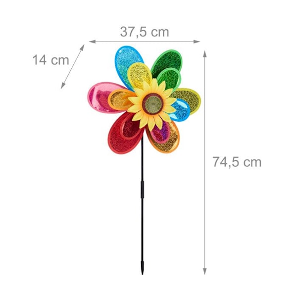 Relaxdays Flower Windmill, Wind Chime Barnleksak Trädgård Balkong Fågelskrämma HxBxD 74,5 x 37,5 x 14 cm, Färgglad gul, grön, röd