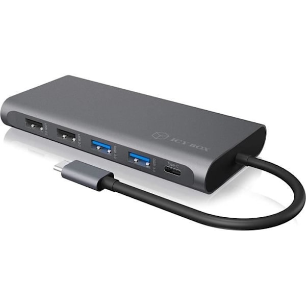 ICY BOX USB-C Dockningsstation med 2 HDMI-portar, 1 DisplayPort 1.4, 100 W strömförsörjning, 4 USB-portar, Läsare av