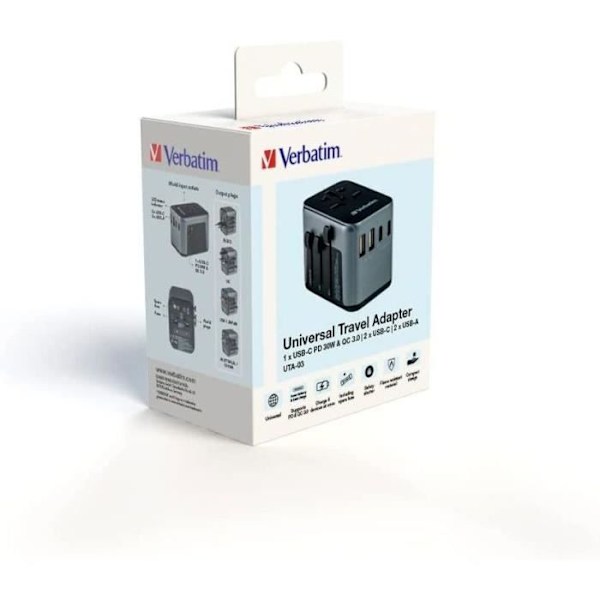 Universal reseadapter för resor - Verbatim - UTA-03 - 30 Watt - PD 3.0 - Snabbladdning 3.0 Mörkgrå