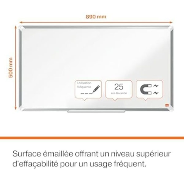 Nobo Magnetisk Vit Tavla med Bred Skärm, 890x500mm, Aluminiumram, Väggmontering i Hörnen, Markenhållare 40" - 890x500mm
