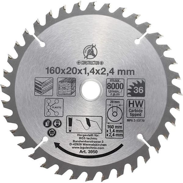 Cirkelsågblad - BGS technic - Kraftmann - Ø 160 mm - 20 mm hål - 36 tänder