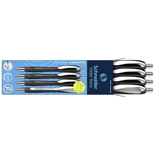 Stylo-boll - Schneider Schreibgeräte - Slider Rave XB - 0,7 mm - Blå färg - 4 stycken svart, svart/vit, blå