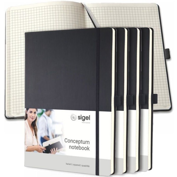 Sigel - CO111/5 - Co111 Set med 5 Premium små rutiga anteckningsböcker, A4, hårt omslag, svart - Conceptum
