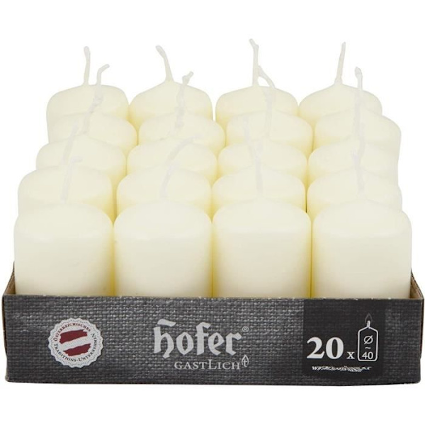 Hofer cylindriska pelarljus - 7 timmars varaktighet - 1 förpackning med 20 ljus, 4 x 7 cm - Elfenben - Dropplöst vax - Oparfymerat Elfenben