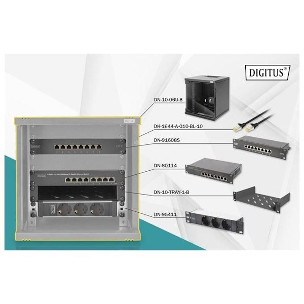 DIGITUS 10 tums set - 6U nätverksskåp Svart - Surfplatta - Power Strip - 8 Port Patch Panel - 8 Port Gigabit Switch