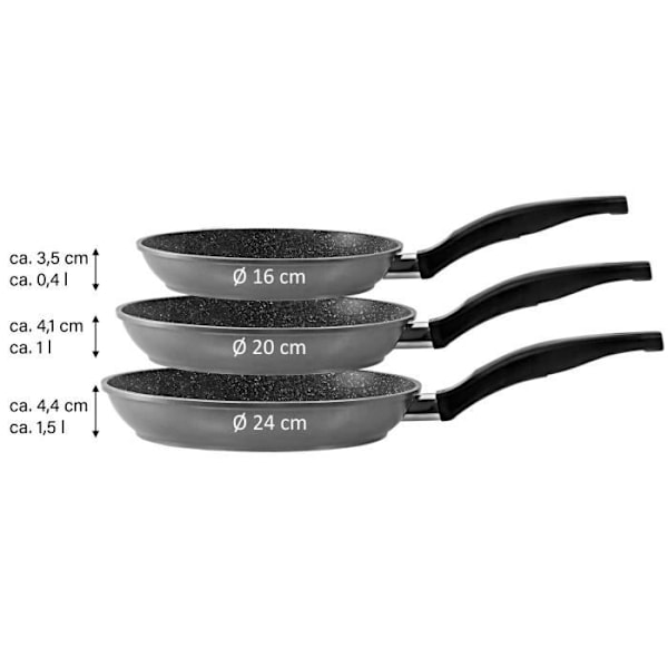 STONELINE® Set med 3 stekpannor 16/20/24 cm - Non-stick beläggning med äkta stenpartiklar - lämplig för induktion Antracit (kropp)Svart (hals)