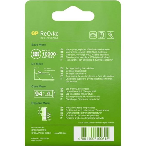 GP Batterier ReCyko+ HR03 12085AAAHCE-C4 NiMH 850 mAh 1,2 V Uppladdningsbart batteri LR3 (AAA) 4 st.