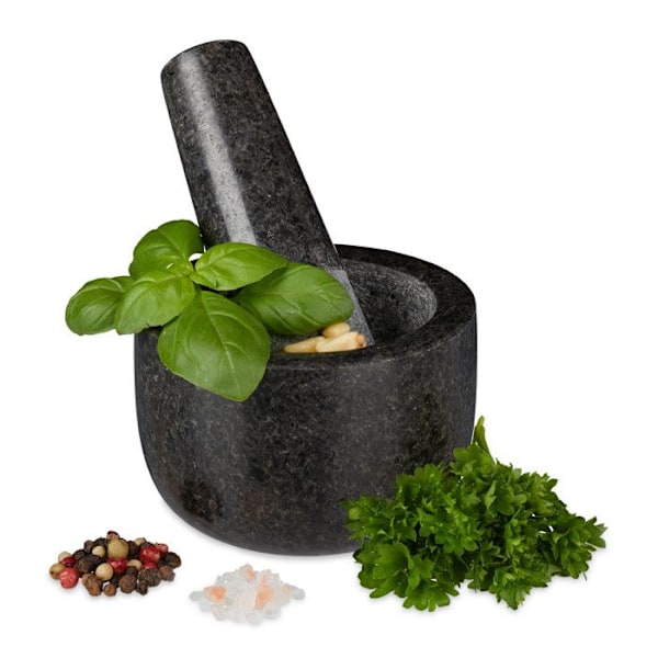 Relaxdays Mortel i granit med stöt, robust, för kryddor, örter, mortel i polerad sten, d. 8,5 cm, 400 ml, grå antracit