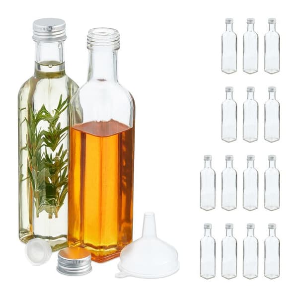 Relaxdays Små glasflaskor, set med 16, flaskor för sprit, oljor, 250 ml, skruvkork, transparent transparent, silver