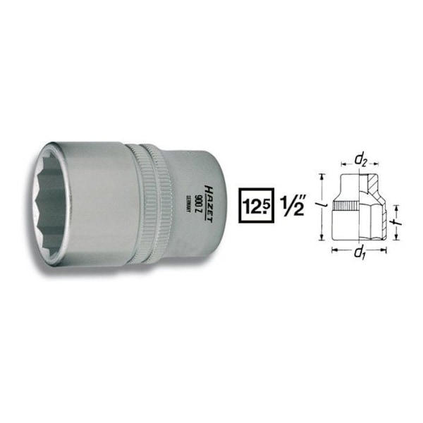 Hylsa 12-kant - HAZET - 900Z - 1/2″ - Stål CV - Kromad