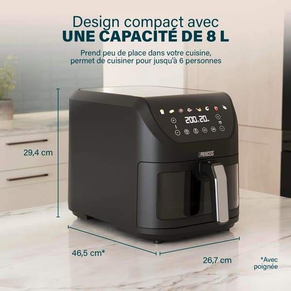 PRINCESS SlimFry 182257 Luftfritös 8L 2000W Touchskärm 8 program Svart Svart