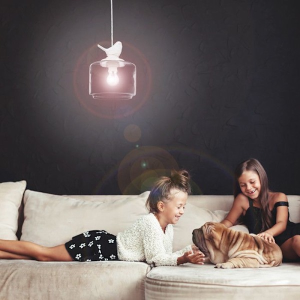 Relaxdays Taklampsarmatur Pendellampa Glasskärm Fågeldesign Retro Vintage Deco, Klar transparent, vit
