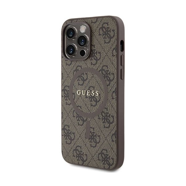Etui för iPhone 15 Pro Max - Guess - 4G Collection - Läder Metall - Brun - MagSafe kastanj