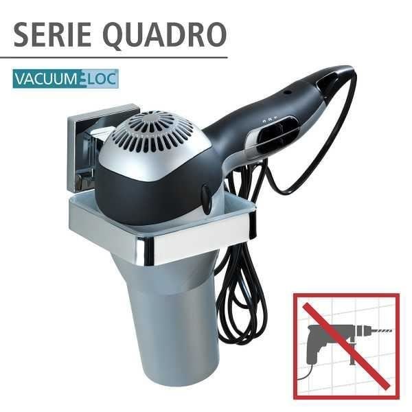 WENKO Quadro väggmonterad hårtorkhållare, väggmonterad hårtorkhållare Vacuum-Loc®-fäste utan borrning, rostfritt stål, glansigt