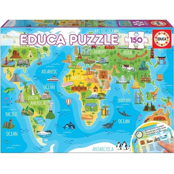 Monument World Map Pussel - EDUCA - 150 bitar - Arkitektur tema - För barn från 6 år och uppåt