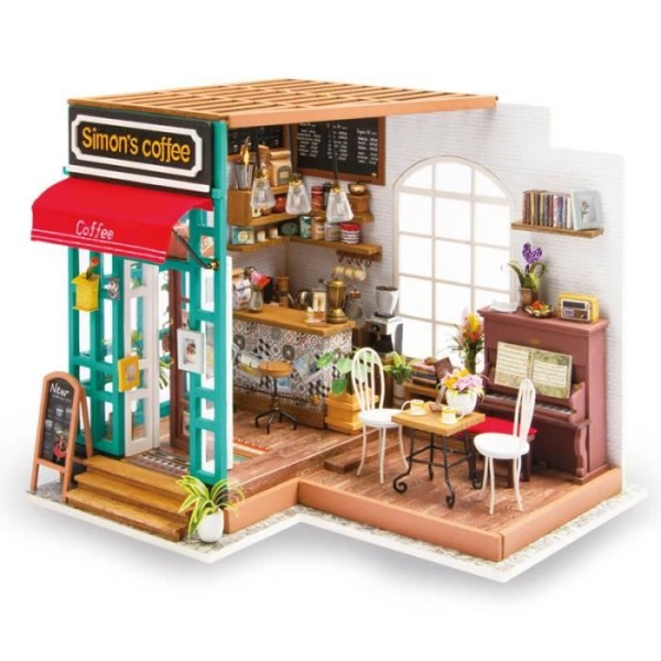 ROBOTIME 3D dockhus i trä med ljus miniatyrkaffehus DIY Model Kit (Simmon's Coffee House)