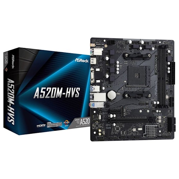 ASRock A520M-HVS Socket AM4 DDR4 M.2 PCIe NVMe USB 3.0 PCI-Express 3.0 16x Micro ATX-moderkort
