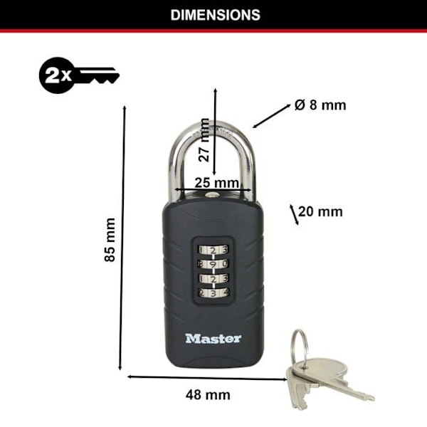 Master lock hänglås - 656EURDBLK - Kombinationshänglås med nödnyckel för utomhusbruk, 120 x 48 x 20 mm