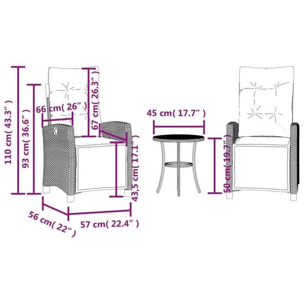 vidaXL Bistroset 3 delar med kuddar svart flätad resin 365248
