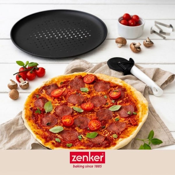 Pizzaplatta - Zenker - 7512 - 2 Perforerade Plattor - Pizzahjul - 32 cm i Diameter Svart