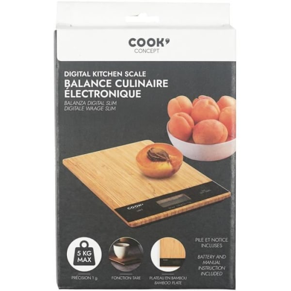 Cook Concept KU6613 Rektangulär elektronisk digital matvåg 5 kg Bambu trä Beige och svart H2 x 15 x 21,5 cm