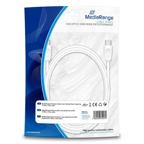 Mediarange koaxialkabel - MRCS163 - Antennkabel, koaxialkontakt till koaxialkontakt, 75 OHM, 3 m Vit