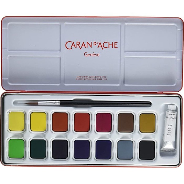 Caran d'Ache: Studio Gouache: Set med 14 kastruller och 10 ml vit
