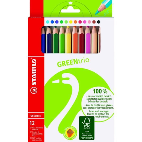 Färgpennor - STABILO - GREENtrio - FSC-certifierat trä - Bred stift - Förpackning med 12 Blandade färger