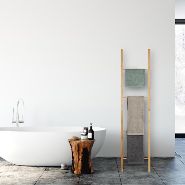 Relaxdays Ladder Folding Bambu Handdukshängare, 4 Bar Handdukshylla Badrumsdiskhandduk, 180x42x2 cm, Nature ljusbrun