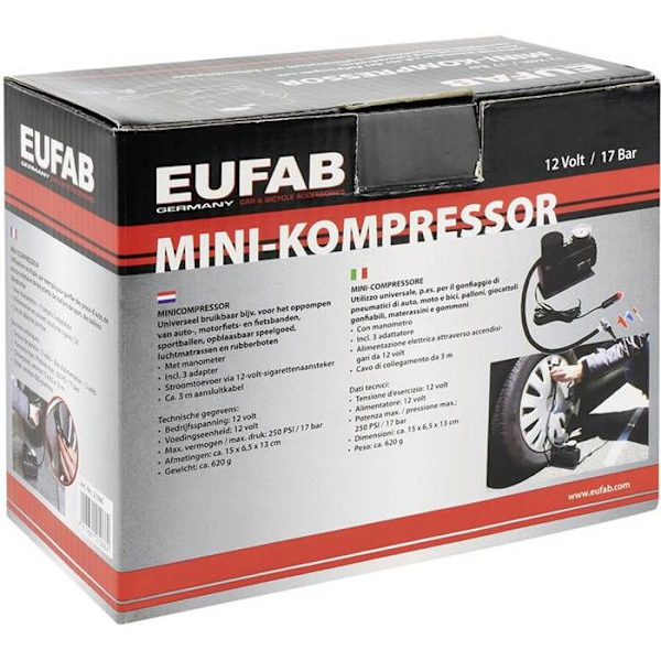 Kompressor - Universal - 12V - 17Bar - 3 adaptrar - 15x6,5x13 cm