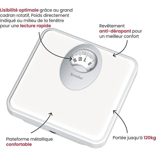 TERRAILLON - Mekanisk personlig våg - Stor roterande urtavla, metallplattform, max 120 kg - Modell 'T61' Vit