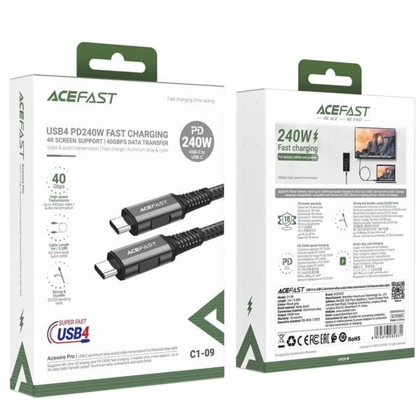 USB-C-kabel - ACEFAST - C1-09 - 5A - 1 m - Snabbladdning, USB4, PD3.1