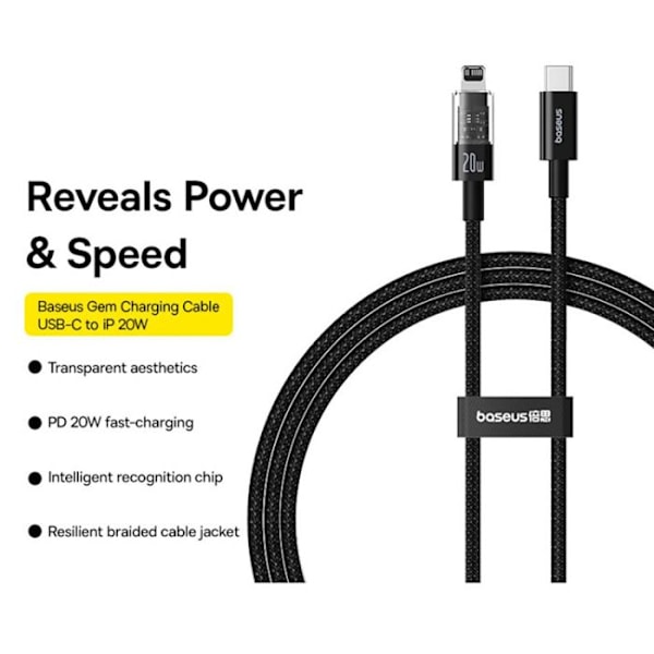 USB-C till Lightning-kabel, Snabb laddning 20W, 2m - Baseus Gem (P1037300111111-01) - Cluster Svart