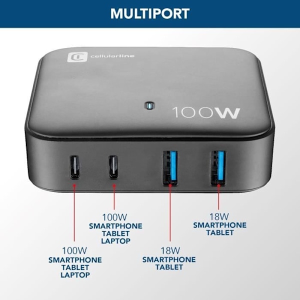 Laddare - Cellularline - Multipower Magnus 100W - 4 portar - Snabbladdning - GaN-teknologi