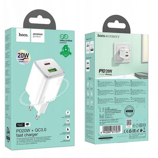Hoco Laddare 20W USB-A + USB-C QC3.0 PD 3A vit Vit