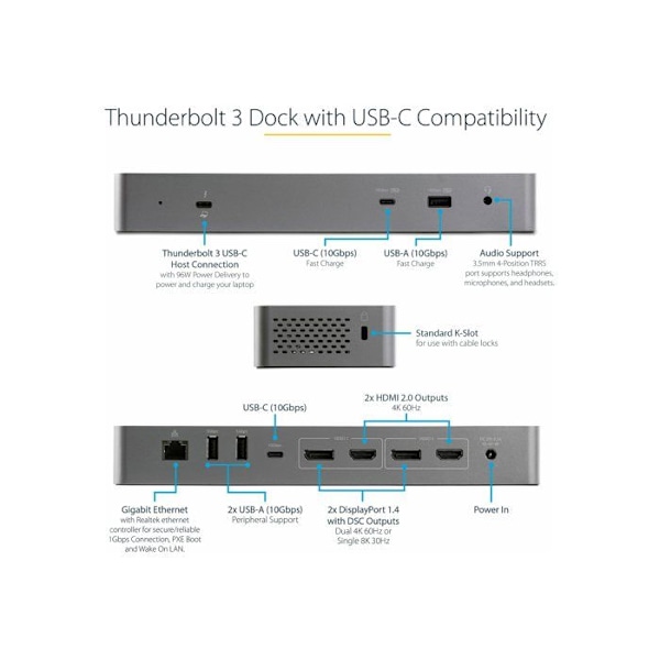 USB-hubb - Startech - TB3CDK2DHUE - 3 portar - USB A 3.2 Gen 1 - Ethernet RJ-45