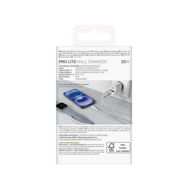 Väggladdare - PURO - PROLITE 25W - USB-A och USB-C - Snabbladdning - 1,2m kabel ingår Vit