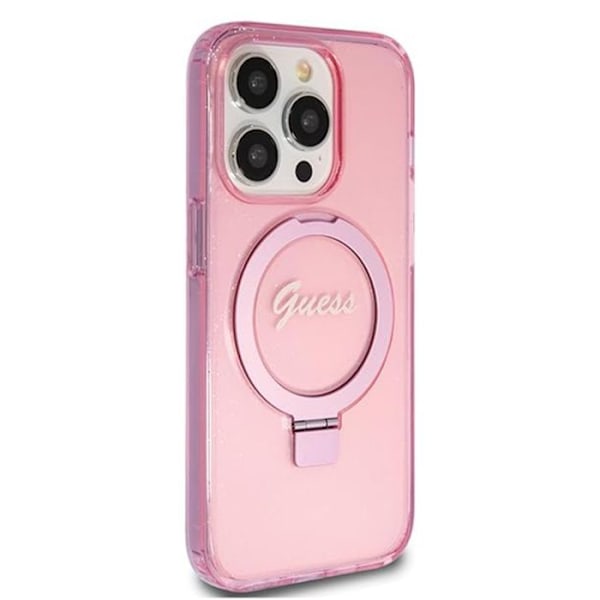 Coque för iPhone 15 Pro Max - Guess Ring Stand Script Glitter MagSafe (GUHMP15XHRSGSP) - Rosa