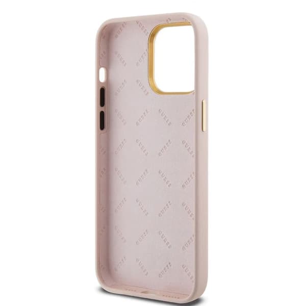 Guess Silicone Script-logotyp och metallram - Fodral för iPhone 15 Pro Max (rosa) Ljusrosa