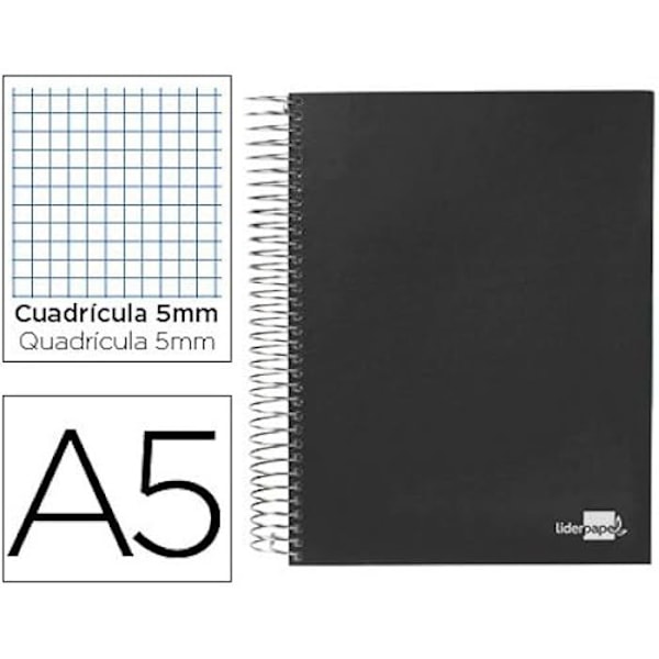 Cahier Spirale A5 - LIDERPAPEL - 925320 - Svart Papper - 160 Sidor - Rutat 5 mm
