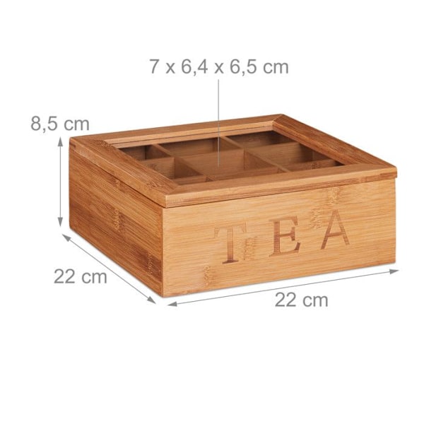 Relaxdays Bamboo Tea Caddy, visningsfönster, tekista, trä, 9 fack, HLP 8,5 x 22 x 22 cm, natur brun klar, genomskinlig