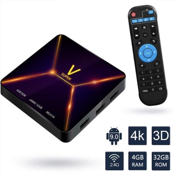 Android TV Box，Super V Android 9.0 TV Box 4GB RAM-32GB ROM Rockchip 3318 Quad-Core Support 2,4Ghz WiFi BT4.0 3D 4K HDMI DLNA 2927
