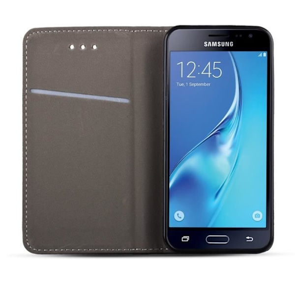 Samsung Galaxy J3 2016 flip-fodral Svart - Smart magnetiskt smalt fodral från Moozy® med hopfällbart stativ och mobiltelefonhållare och...