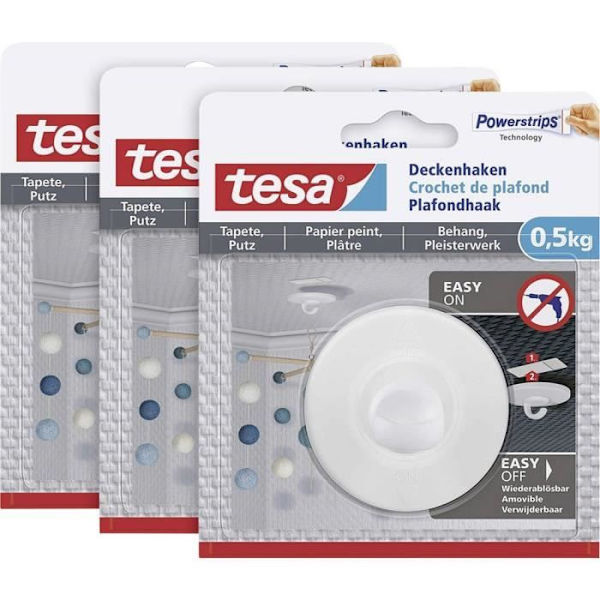 Takmontering - tesa - 77781 - Vit - Förpackning med 3 - Självhäftande Vit