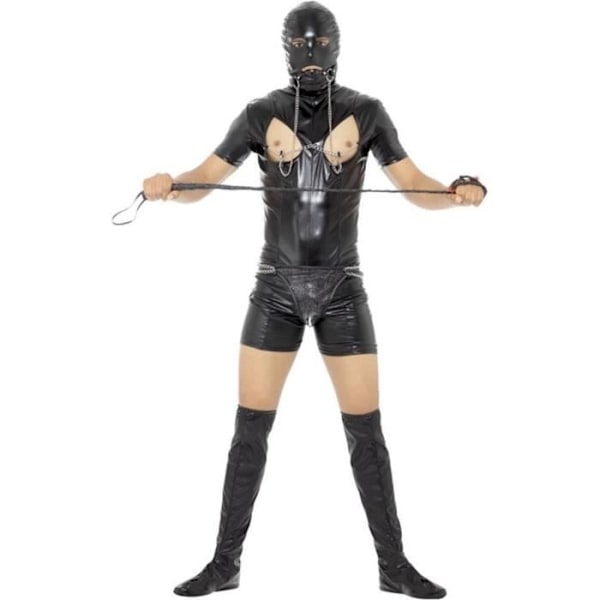 Bondage Gimp-dräkt, svart, med trikå, huva, benvärmare, stringtrosa, munknäcka och nippelklämmor - 45599XL