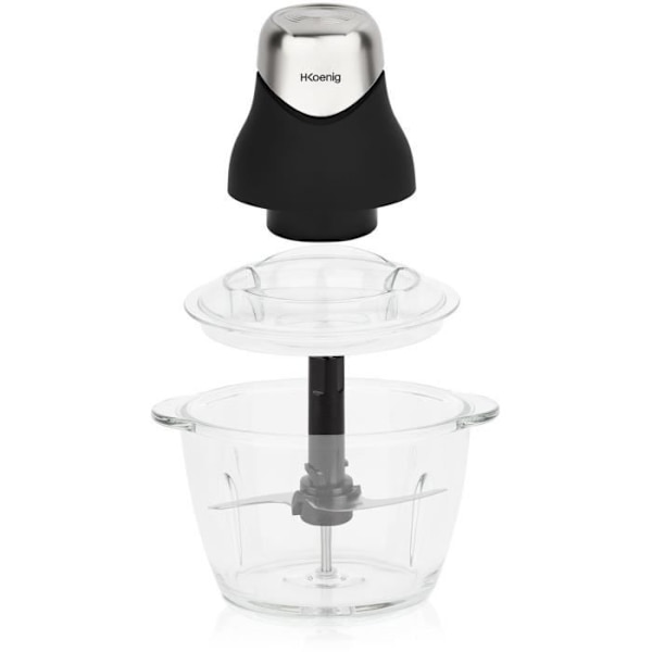 Mini elektrisk hackare - H.Koenig - LEO8 - 320 W - 1 L glasskål - Rostfria blad - Matt svart och krom