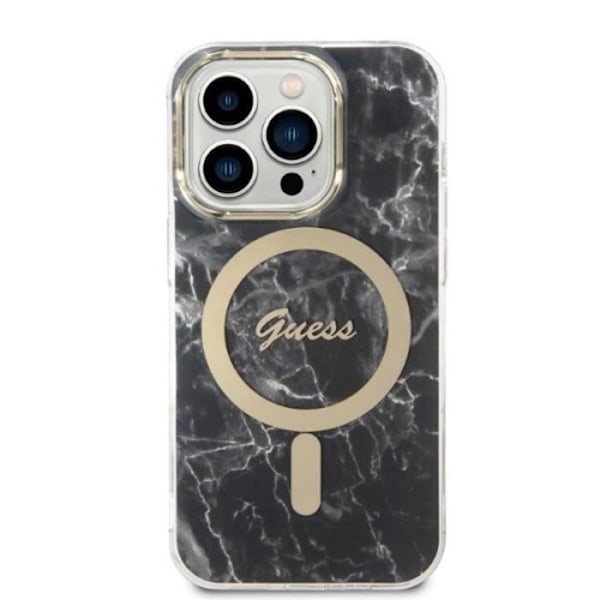 Guess Bundle Pack MagSafe IML Marble - Skalset för iPhone 14 Pro + MagSafe laddare (svart/guld) - 3666339103132