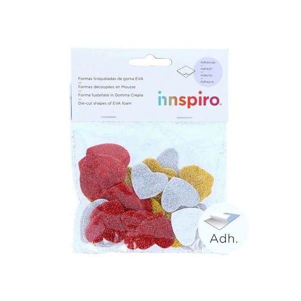 Innspiro - 98605 - Förkortade hjärtan i EVA-gummi med självhäftande glitter 42x35mm och 32x28mm 30u.