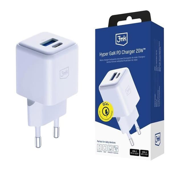 Laddare 3mk Hyper GaN 20 W QC4+ PD PPS USB-C USB-A Vit