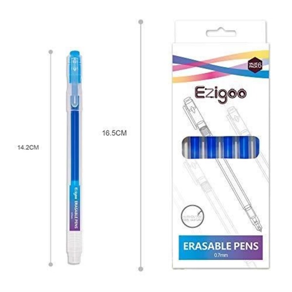 Ezigoo blå raderbar penna - 0,7 mm raderbar gelbläckpenna (paket med 6)